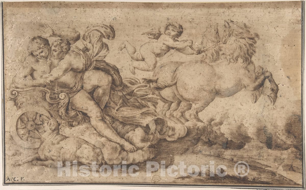 Art Print : Italian, Roman-Bolognese, 17th Century - Aurora and Cephalus: Engraver's Study After Decoration in The Galleria Farnese, Rome. : Vintage Wall Art