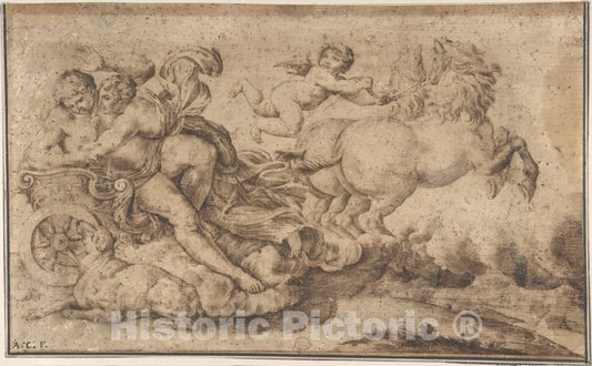 Art Print : Italian, Roman-Bolognese, 17th Century - Aurora and Cephalus: Engraver's Study After Decoration in The Galleria Farnese, Rome. : Vintage Wall Art