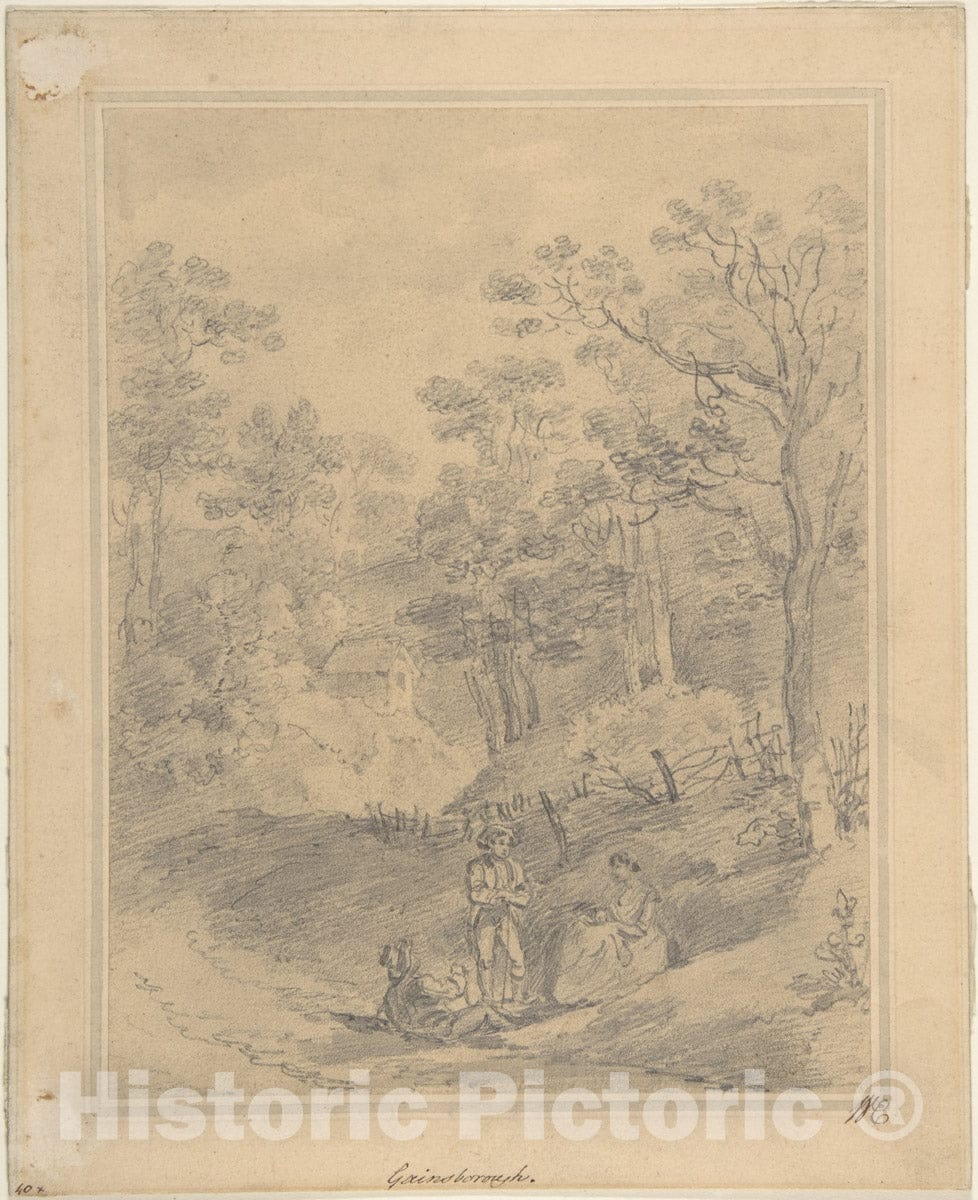 Art Print : Possibly by George Frost - Landscape with Figures : Vintage Wall Art