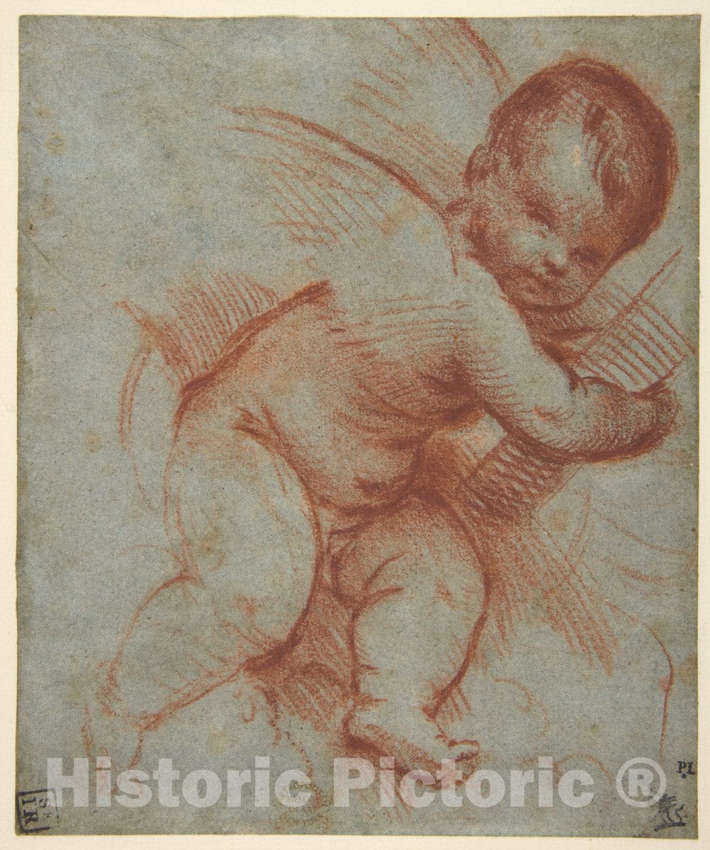 Art Print : Circle of Titian (Tiziano Vecellio) - Winged Putto Holding The Base of a Cross : Vintage Wall Art