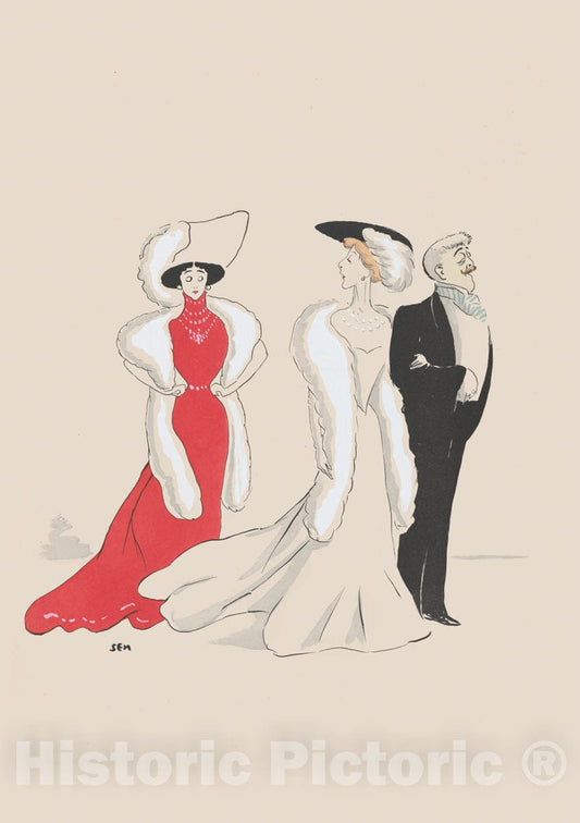 Art Print : Georges Goursat Sem - Caroline Otéro, Liane de Pugy, and Jean Lorrain, from Monte Carlo, 2nd Serie : Vintage Wall Art