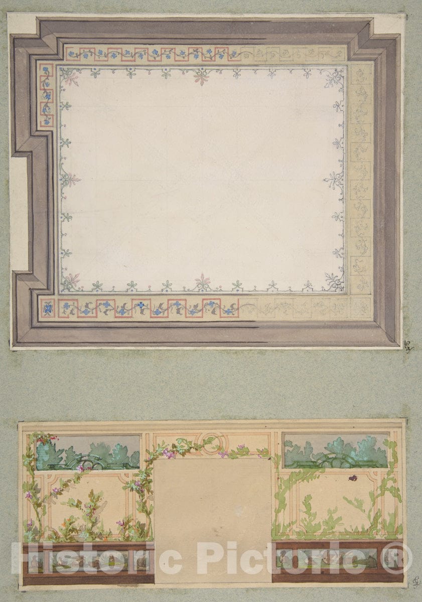Art Print : Jules-Edmond-Charles Lachaise - Designs for The Ceiling and Wall of a Room Decorated with waterbirds and Flowering Vines : Vintage Wall Art