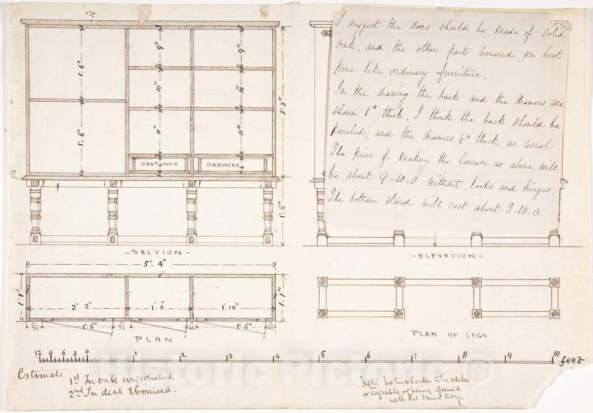 Art Print : British, 19th Century - Design for a Wood Desk and Shelves : Vintage Wall Art