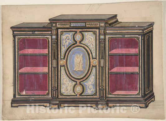 Art Print : British, 19th Century - Cabinet Design with Renaissance Style Ornament and Red Interior : Vintage Wall Art