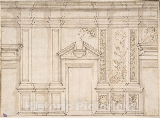 Art Print : Italian, 17th Century - Design for a Wall Elevation with Garlands and a Landcape Scene : Vintage Wall Art