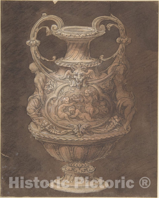 Art Print : Italian, Early 19th Century - Design for an Urn with Four Putti in Central Cartouche : Vintage Wall Art