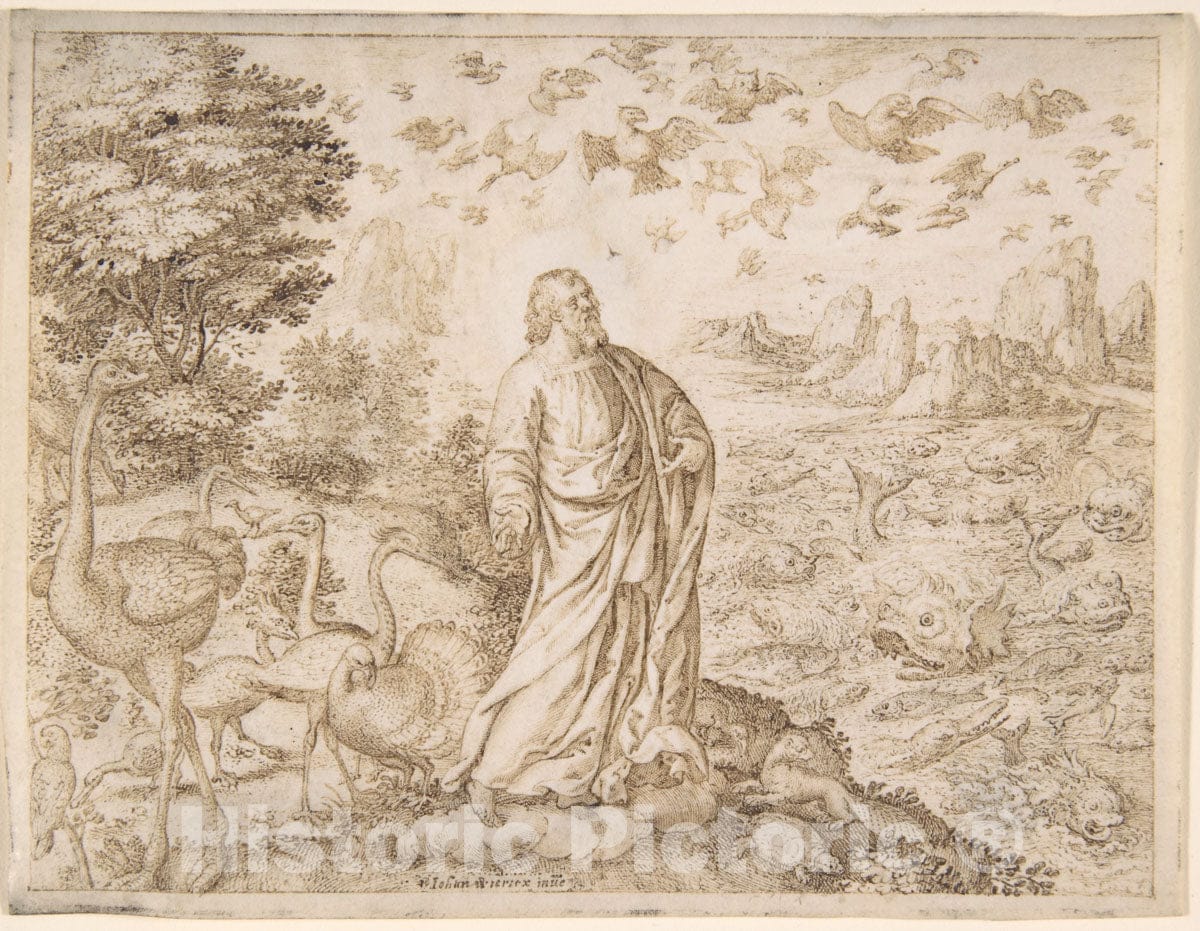 Art Print : Jan (Johannes) Wierix - The Creation of The Fish and The Birds : Vintage Wall Art