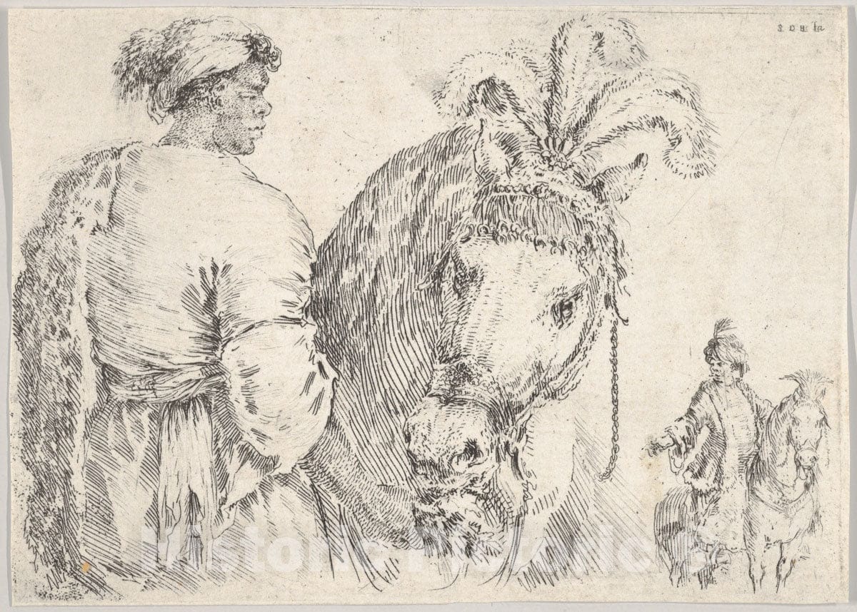 Art Print : Stefano Della Bella - A Man at Left in Profile Giving a Handful of hay to a Horse at Center, a Horseman to The Right in Background : Vintage Wall Art