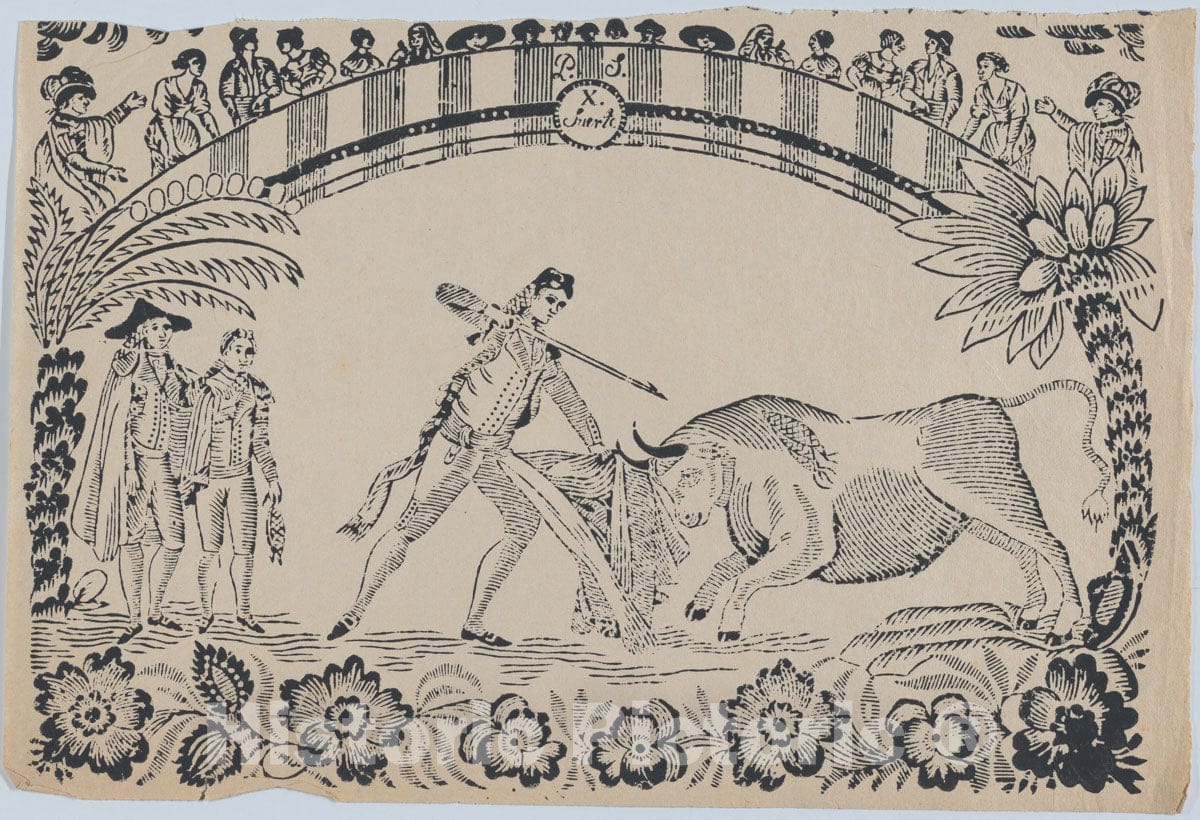 Art Print : Anonymous, Spanish 19th Century - Suerte X: A torero prepares to stab The Bull : Vintage Wall Art