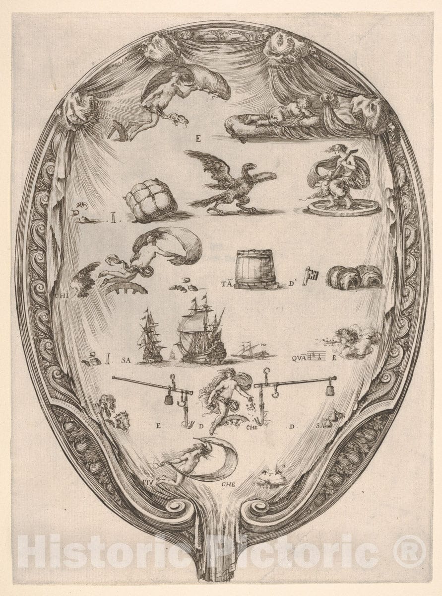 Art Print : Stefano Della Bella - Rébus on The Subject of Fortune, a Riddle depicted on Drapery Surrounded by a Frame, an Oval Composition : Vintage Wall Art