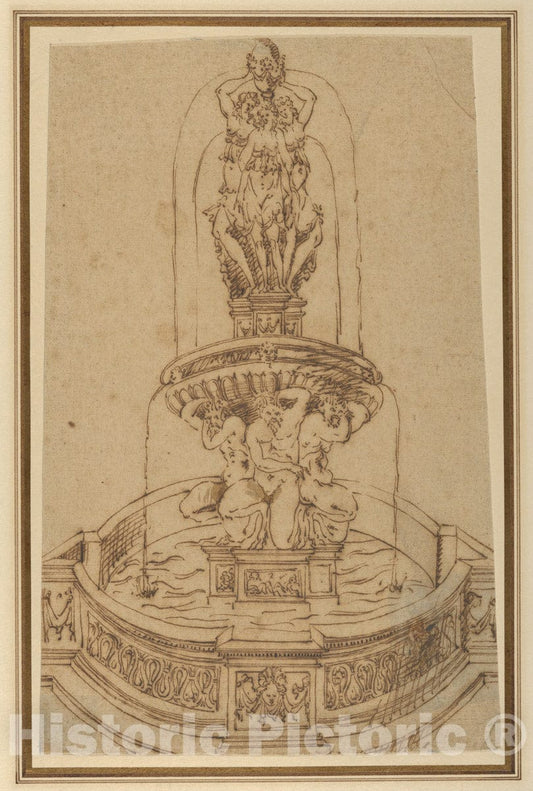 Art Print : Circle of Jacques Androuet Du Cerceau - Design for a Fountain with The Three Graces : Vintage Wall Art