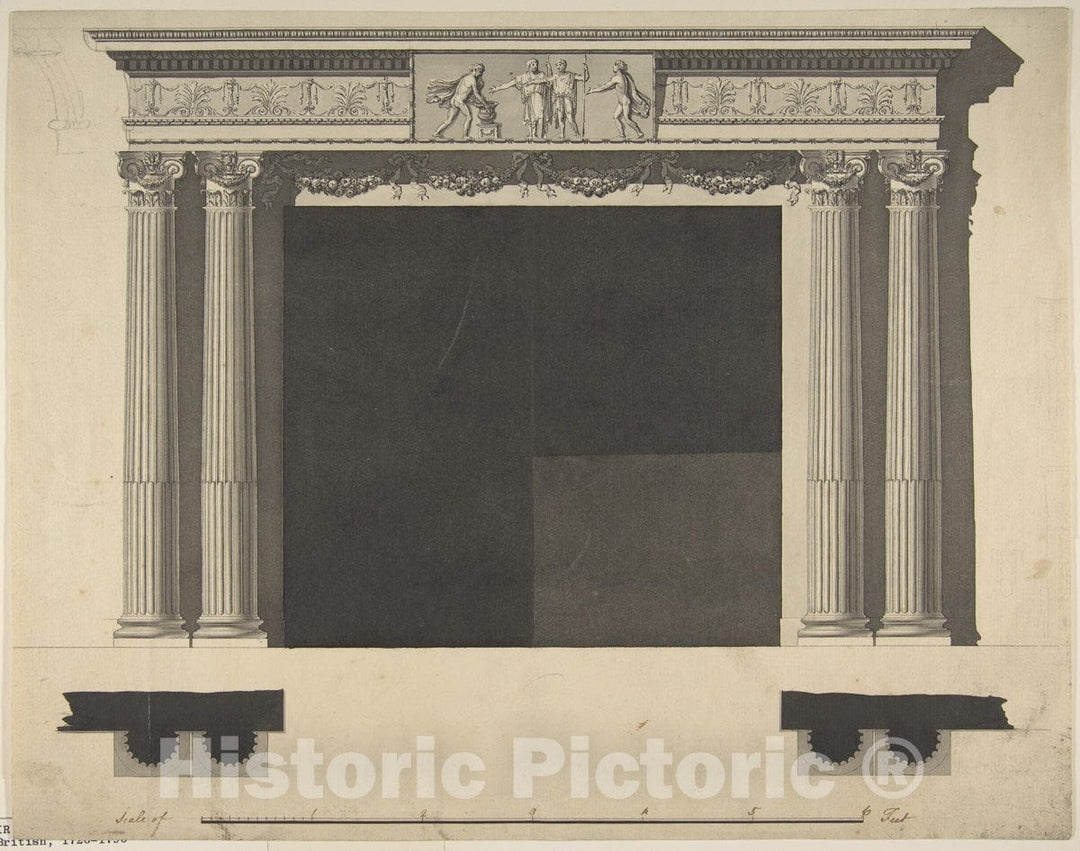 Art Print : Sir William Chambers - Design for a Chimneypiece with Ionic Columns, a Frieze, and Cornice : Vintage Wall Art