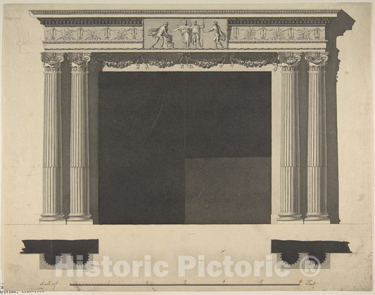 Art Print : Sir William Chambers - Design for a Chimneypiece with Ionic Columns, a Frieze, and Cornice : Vintage Wall Art