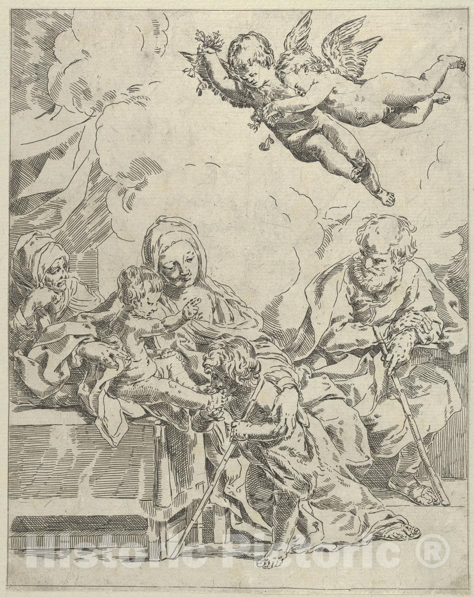 Art Print : Flaminio Torre (Torri) - The Holy Family with Young John The Baptist and Saint Elizabeth, Two Angels Above, After Reni : Vintage Wall Art
