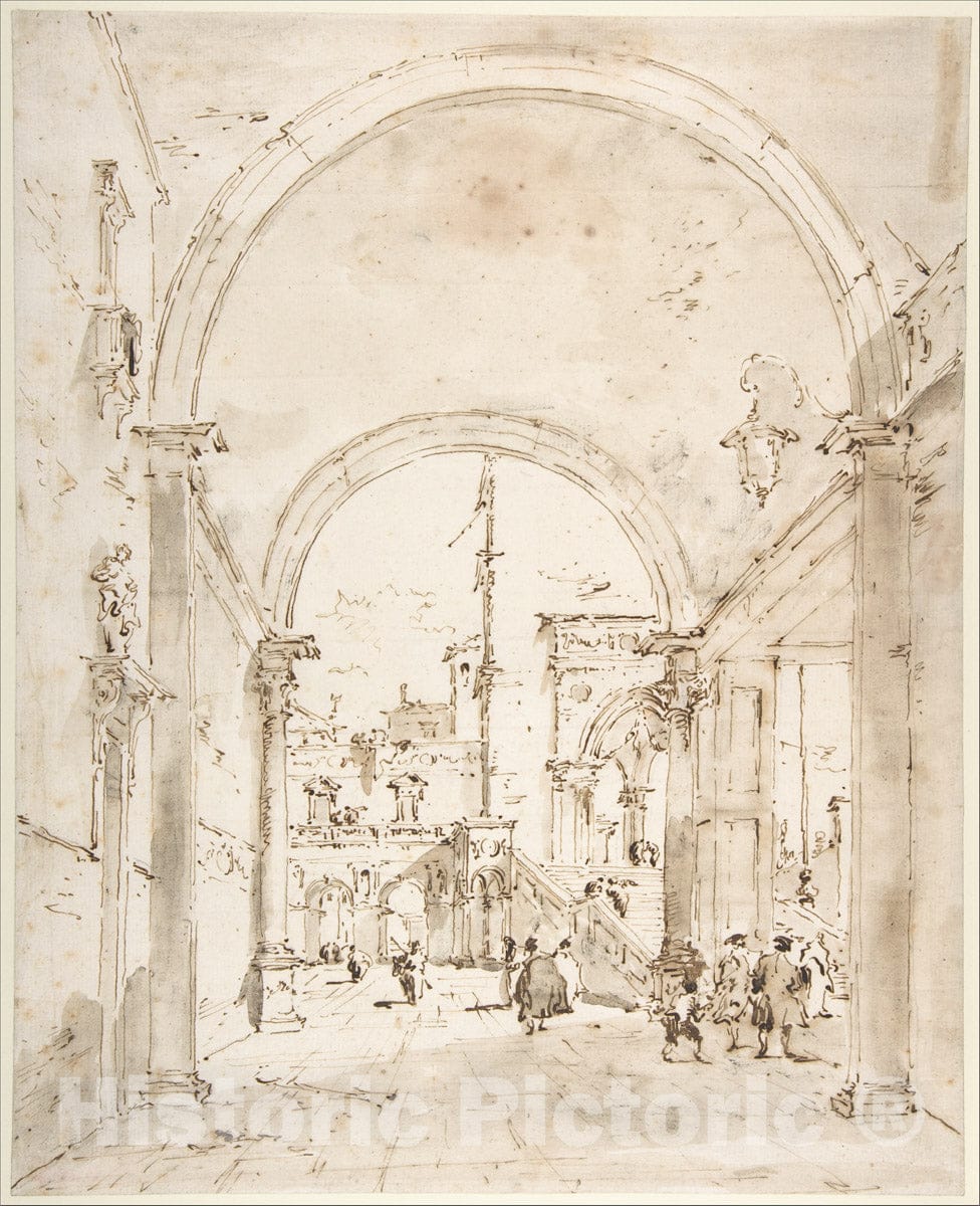 Art Print : Francesco Guardi - Architectural Capriccio: Grand Staircase Seen Through an Archway : Vintage Wall Art
