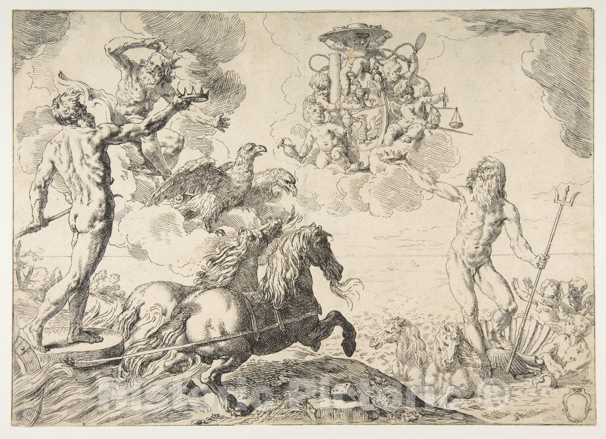 Art Print : Simone Cantarini - Jupiter, Neptune, and Pluto offering Their Crowns to The arms of Cardinal Borghese 3 : Vintage Wall Art