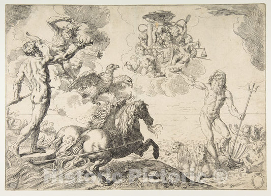 Art Print : Simone Cantarini - Jupiter, Neptune, and Pluto offering Their Crowns to The arms of Cardinal Borghese 3 : Vintage Wall Art