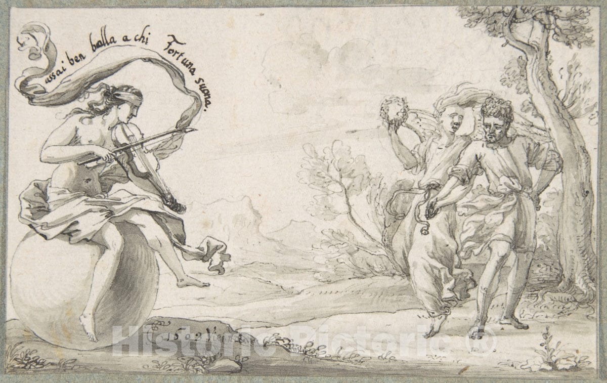 Art Print : Monogrammist EF (?) - A Dancing Pair Accompanied by a Blindfolded Fortune : Vintage Wall Art