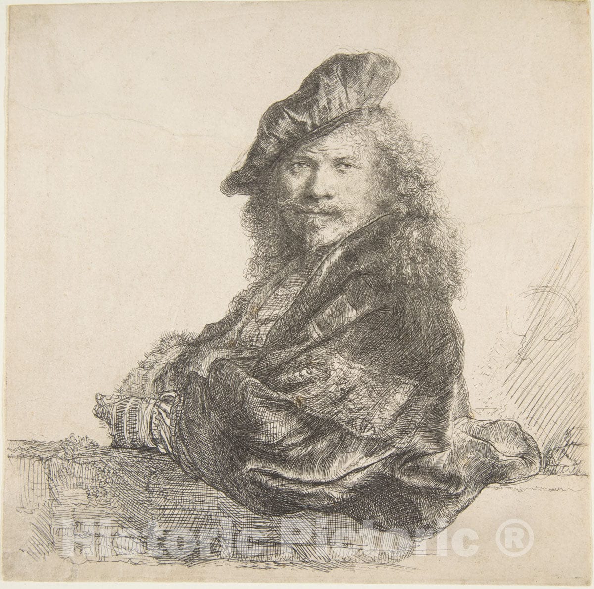 Art Print : Rembrandt (Rembrandt Van Rijn) - Self-Portrait, Leaning on a Stone Wall : Vintage Wall Art