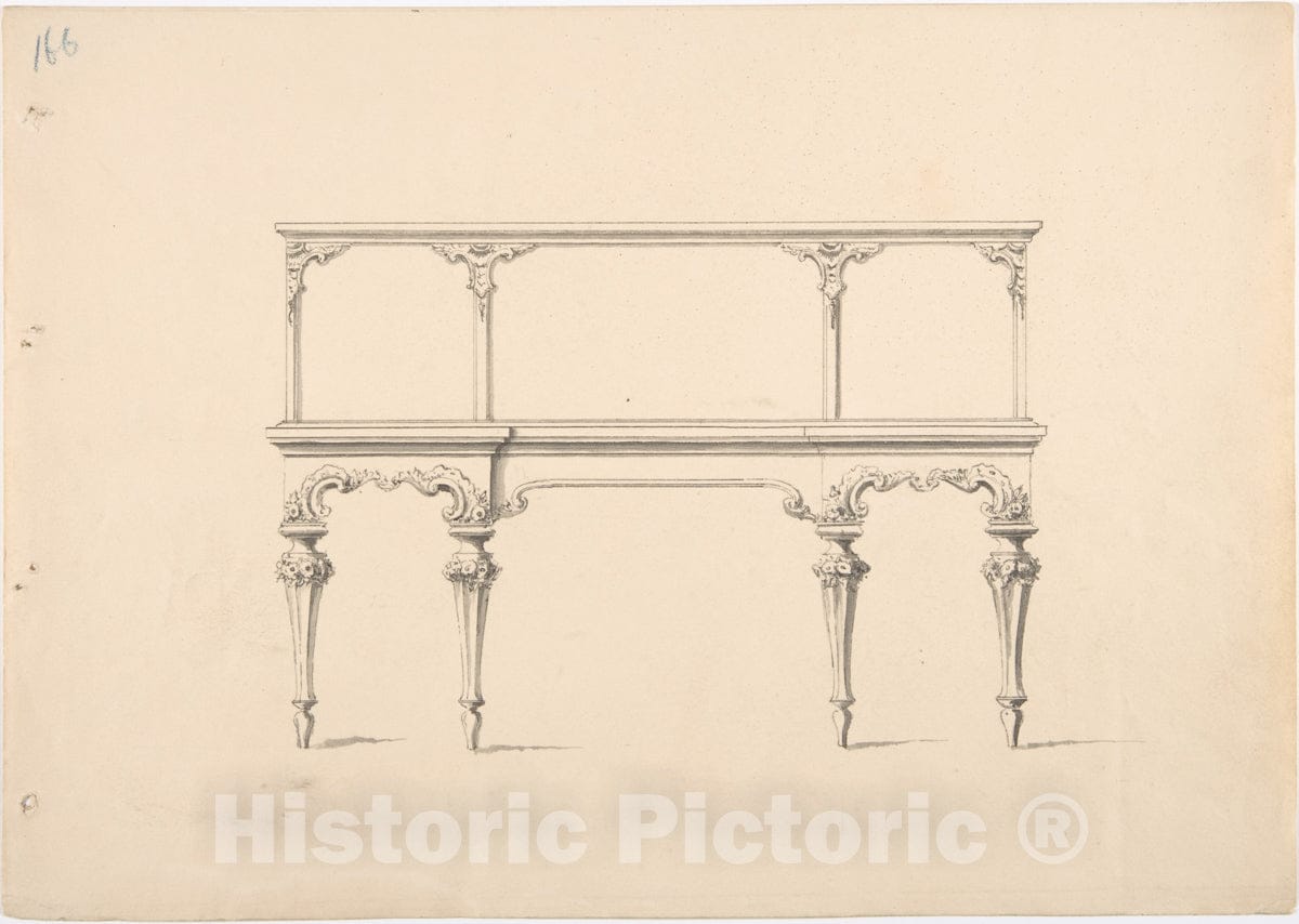 Art Print : British, 19th Century - Design for a Mirrored Sideboard with Diminishing Legs, Floral and Rocaille Ornament 1 : Vintage Wall Art