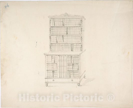 Art Print : British, 19th Century - Design for a Two Tiered Book Cabinet with Turned Feet and Ornament (Verso: Sketch) : Vintage Wall Art