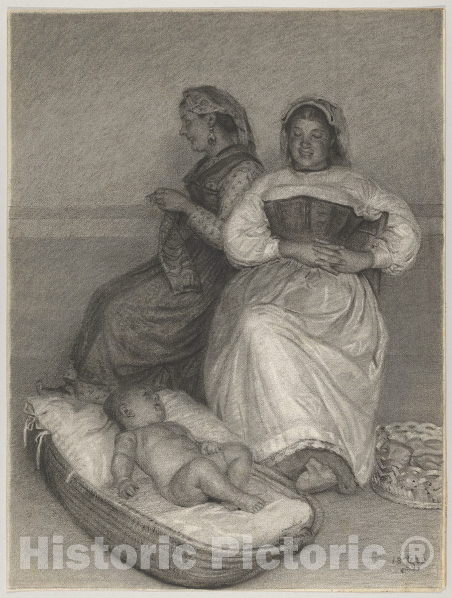 Art Print : Kristian Zahrtmann - Two Seated Italian Women with a Baby in a Cradle : Vintage Wall Art