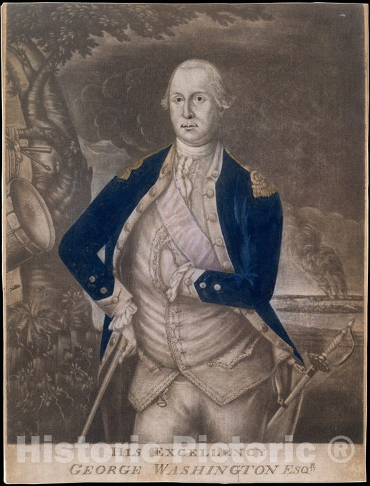 Art Print : Possibly Engraved by Joseph Hiller, Sr. - His Excellency George Washington Esq-r. : Vintage Wall Art