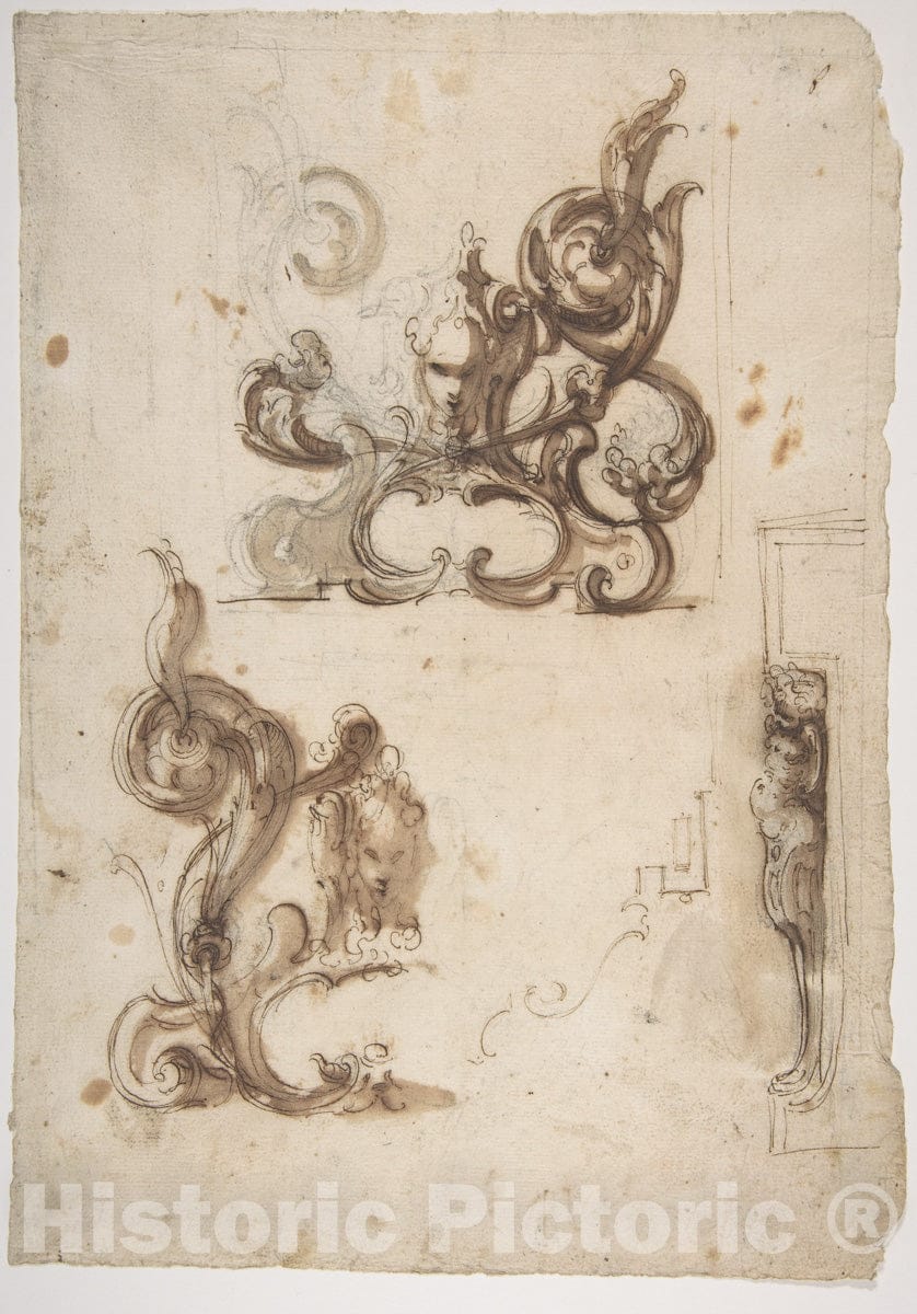 Art Print : Moncalvo (Guglielmo Caccia) - Designs for Ornamental Motifs and for a Herm Supporting a Chimney Piece : Vintage Wall Art