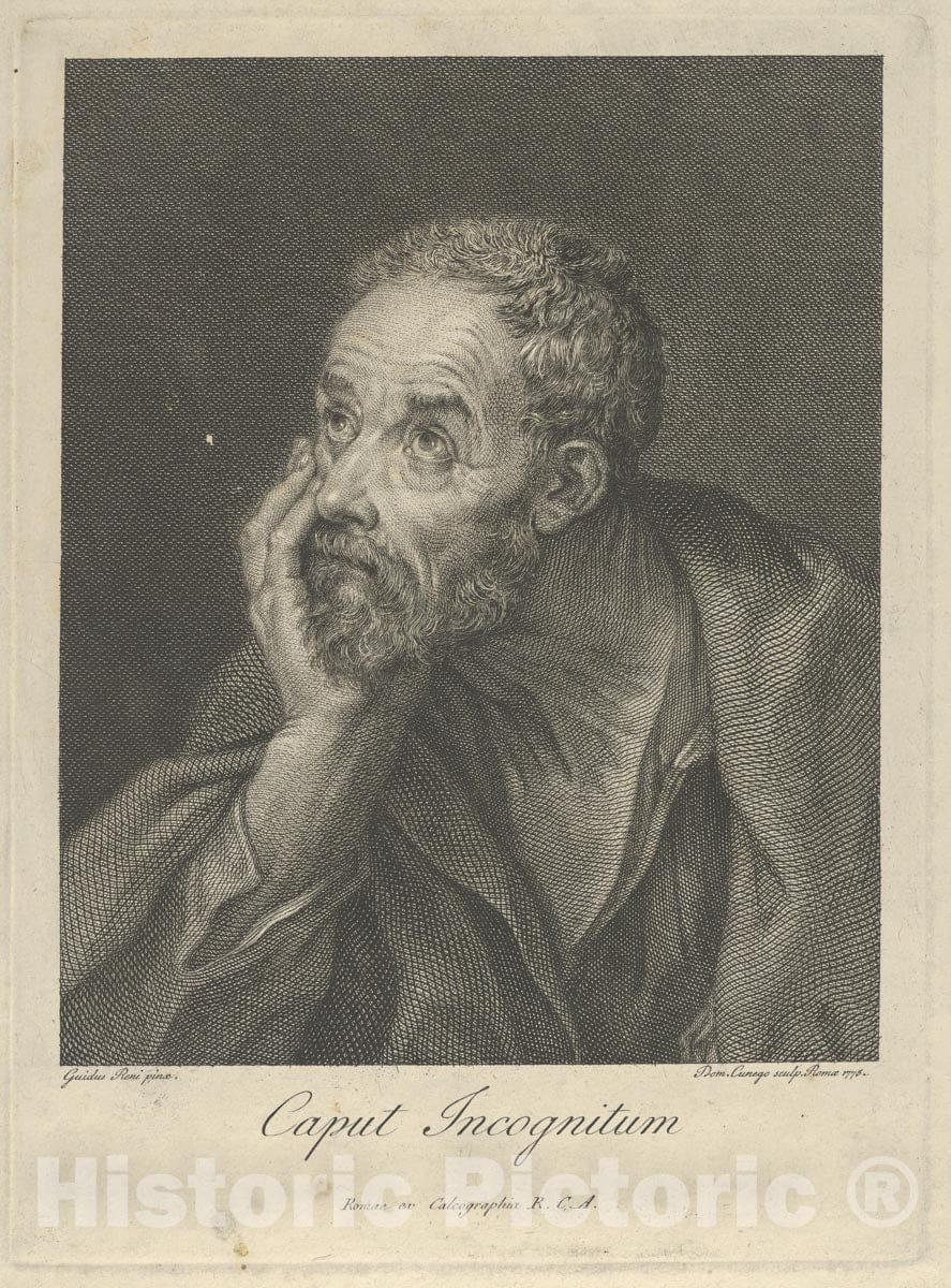 Art Print : Engraved by Domenico Cunego - an Old Bearded Man Resting his Head on his Right Hand and Looking Upwards to The Left, After Reni : Vintage Wall Art