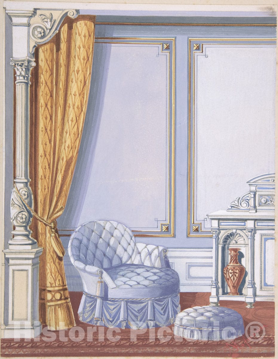 Art Print : British, 19th Century - Interior Design for a Gray Curtained Alcove, with an Uphostered Armchair, Ottoman and Cabinet : Vintage Wall Art