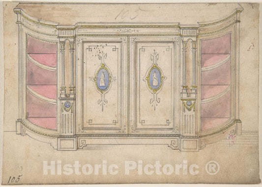 Art Print : British, 19th Century - Cabinet Design with Doors Adorned with Porcelain Plaques : Vintage Wall Art