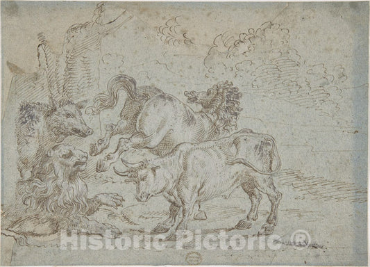 Art Print : Italian, Roman-Bolognese, 17th Century - Horse, Bull, Lion, and Boar : Vintage Wall Art