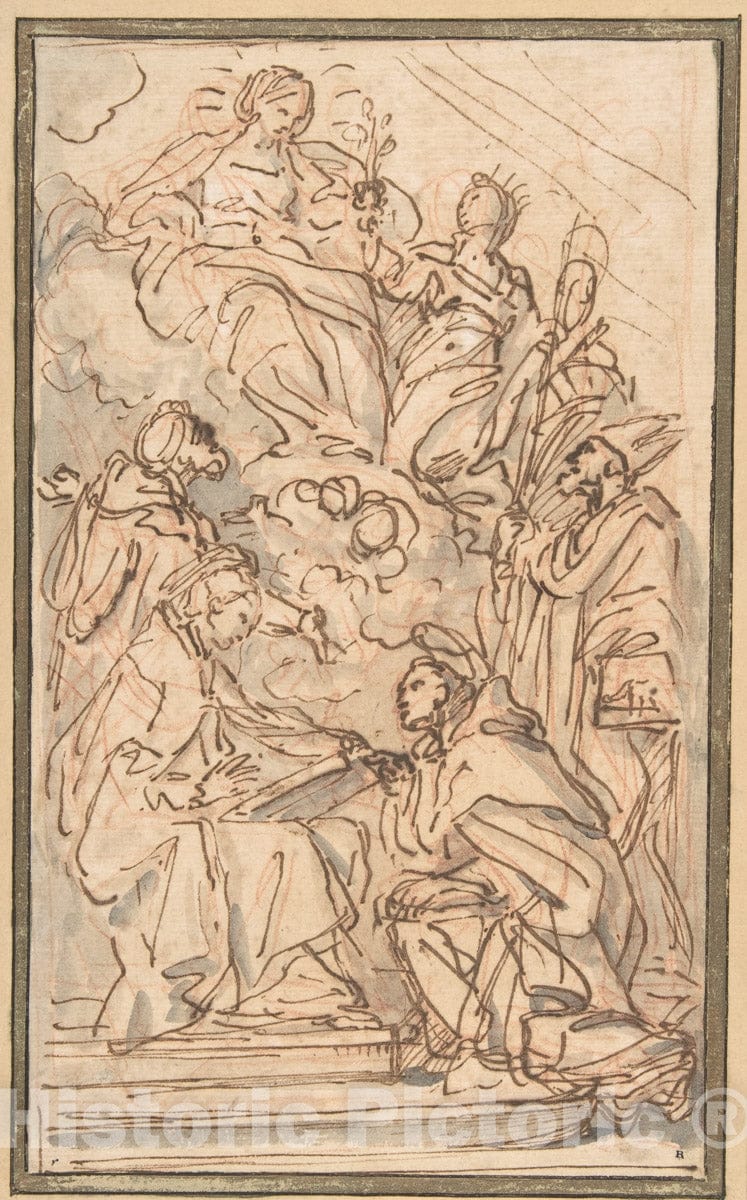 Art Print : Carlo Maratti - The Virgin with Female Attendant Appearing to Four Male Saints : Vintage Wall Art