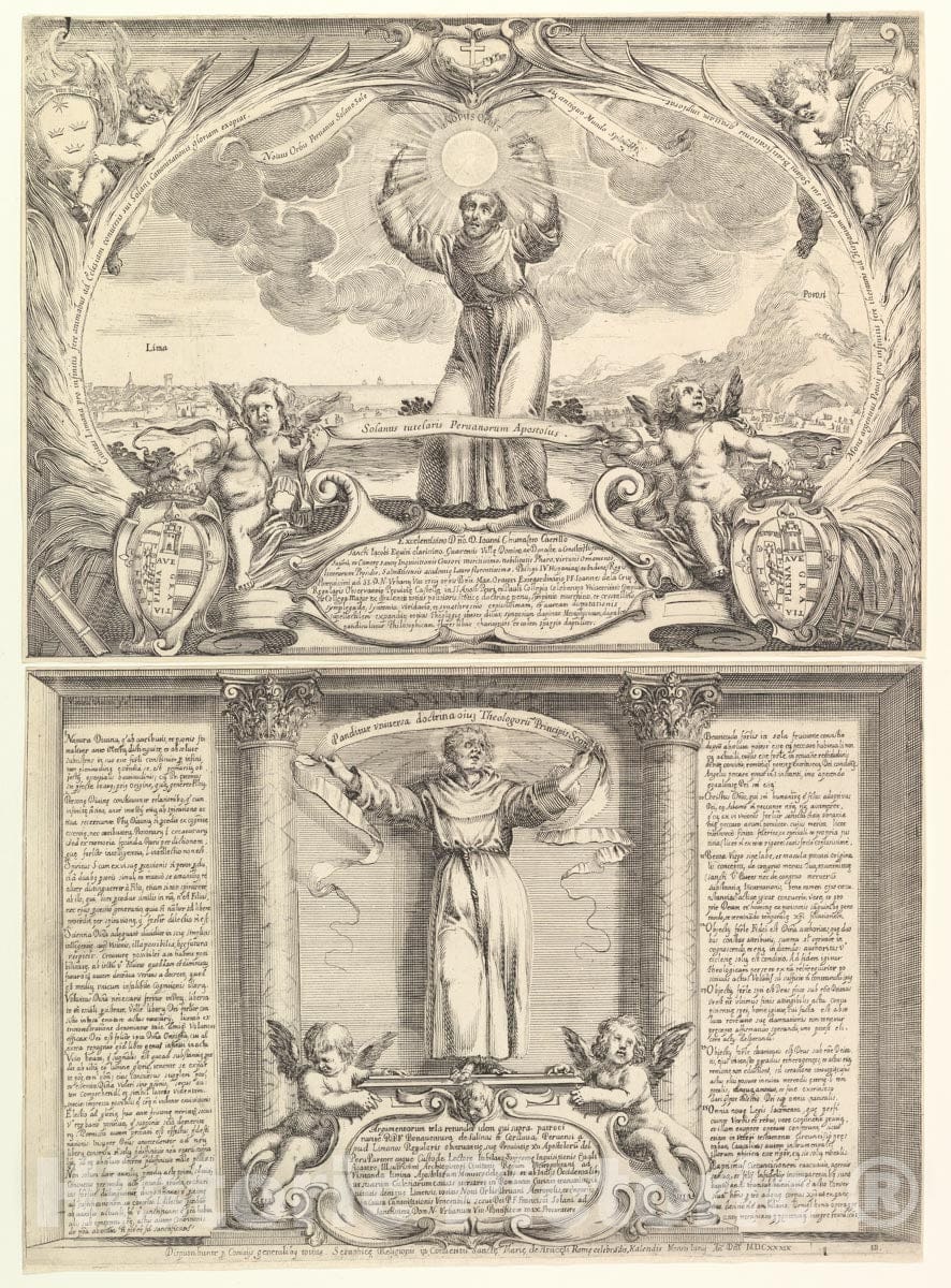 Art Print : Etched by Stefano Della Bella - Decoration for a Thesis in Honor of St. Francis Solano : Vintage Wall Art