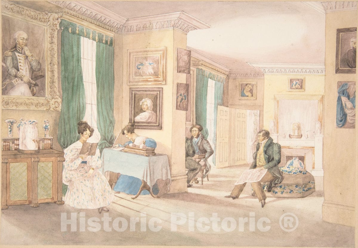 Art Print : Daughters of Bishop Parr - Interior with Three Men and Two Women : Vintage Wall Art