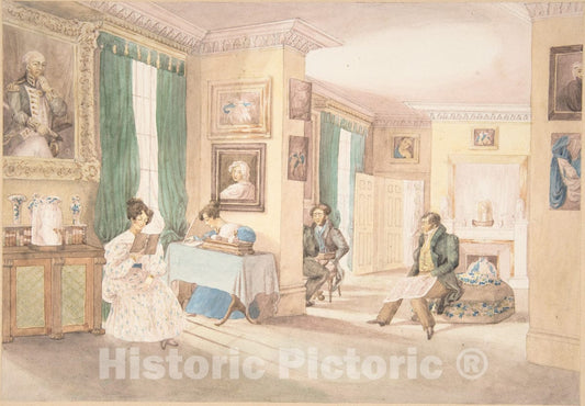 Art Print : Daughters of Bishop Parr - Interior with Three Men and Two Women : Vintage Wall Art
