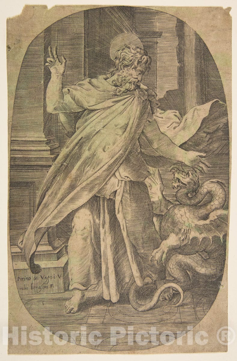 Art Print : Giulio Bonasone - St Paul overcoming The Viper, Within an architectual Setting, an Oval Composition : Vintage Wall Art