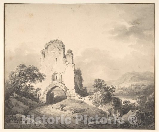 Art Print : Martin von Molitor - Landscape with a Ruined Tower and Two Figures : Vintage Wall Art