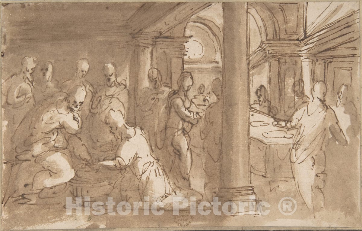 Art Print : Italian, Roman-Bolognese, 17th Century - Christ Washing The Feet of The Disciples : Vintage Wall Art