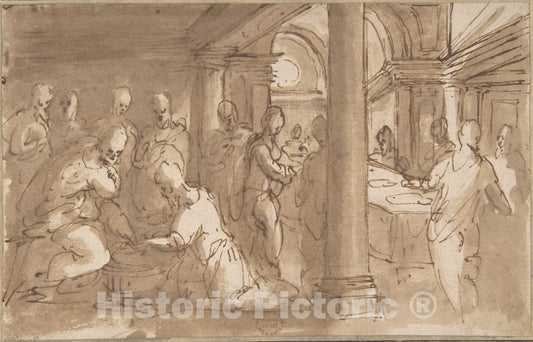 Art Print : Italian, Roman-Bolognese, 17th Century - Christ Washing The Feet of The Disciples : Vintage Wall Art