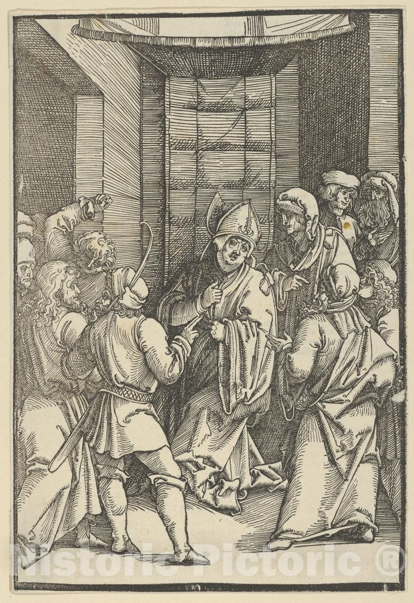 Art Print : Hans Schäufelein - Christ Before Caiaphas, from Speculum passionis Domini Nostri Ihesu Christi : Vintage Wall Art