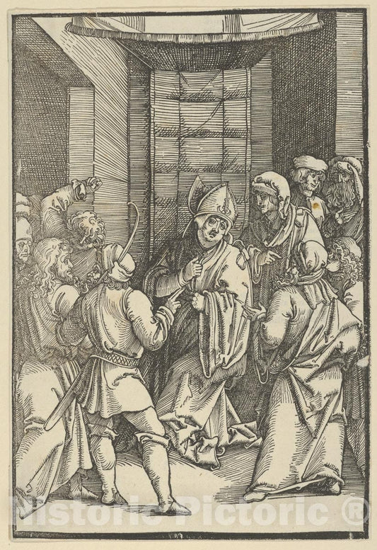 Art Print : Hans Schäufelein - Christ Before Caiaphas, from Speculum passionis Domini Nostri Ihesu Christi : Vintage Wall Art