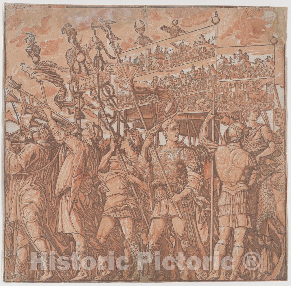 Art Print : Andrea Andreani - Sheet 1: Roman Soldiers Carrying Banners Depicting The Triumphant Victories of Julius Caesar, from The Triumph of Julius Caesar : Vintage Wall Art