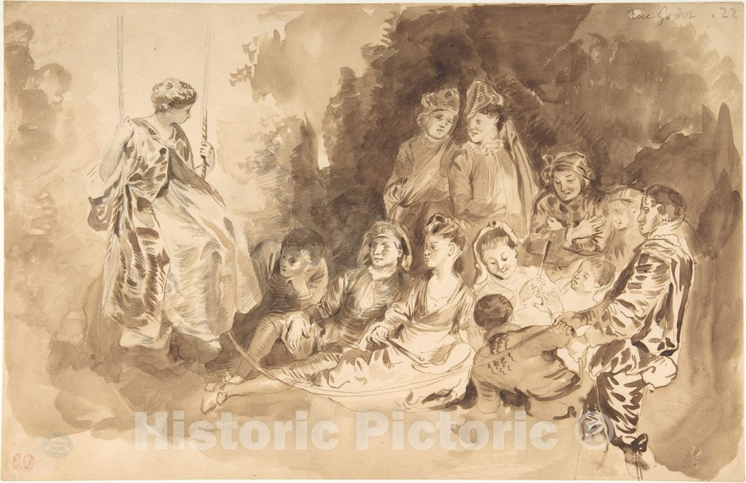 Art Print : Eugène Delacroix - The Swing, After Antoine Watteau (Les Agréements de l'été) : Vintage Wall Art