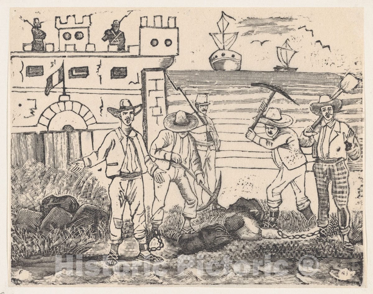 Art Print : José Guadalupe Posada - A Group of Prisoners Performing Labor by The sea, from a Broadside Entitled Ultimas noticias de Gerardo Nevraumont y compañeros' : Vintage Wall Art