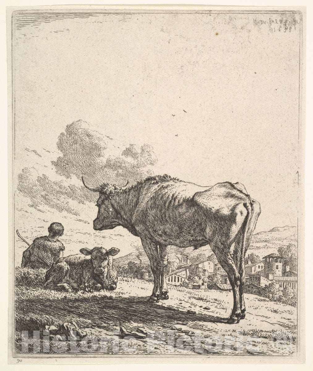 Art Print : Cowherd with Cow and Calf on a Hillside - Artist: Karel Dujardin - Created: 1658 : Vintage Wall Art
