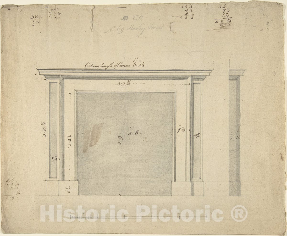 Art Print : Sir William Chambers - Drawings for a Chimney-Piece for 25 Harley Street, Westminster, London : Vintage Wall Art