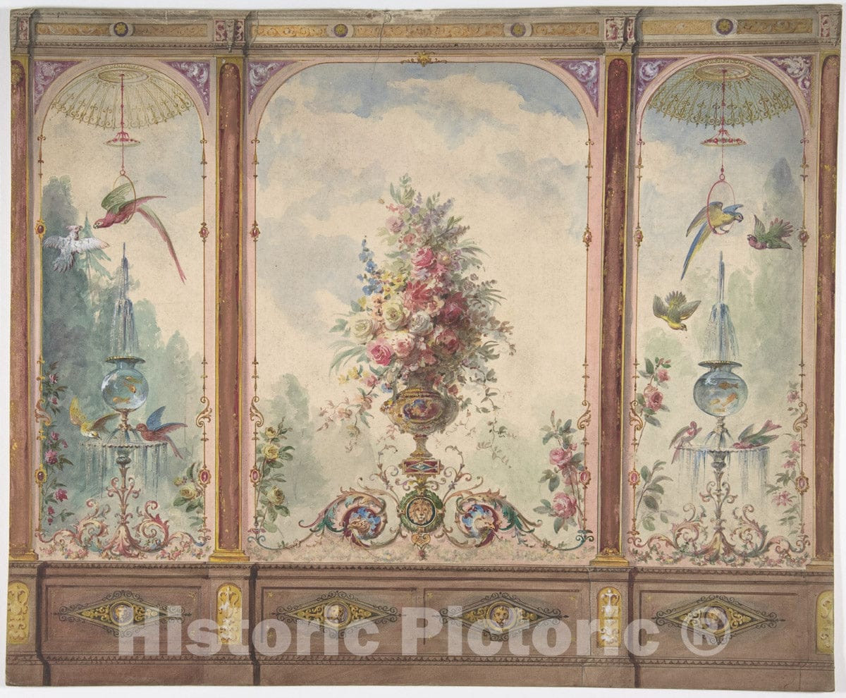 Art Print : British, 19th Century - Design for a Wall with a Flower Vase, Birds, Two Gold Fish and Globe Fountains : Vintage Wall Art