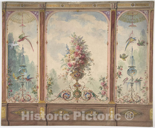 Art Print : British, 19th Century - Design for a Wall with a Flower Vase, Birds, Two Gold Fish and Globe Fountains : Vintage Wall Art
