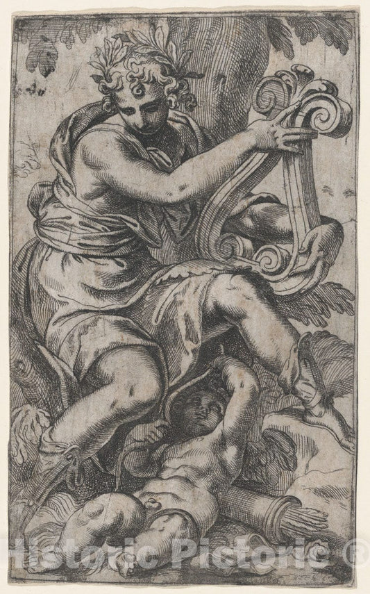 Art Print : Paolo Farinati - Apollo with Lyre and Cupid : Vintage Wall Art